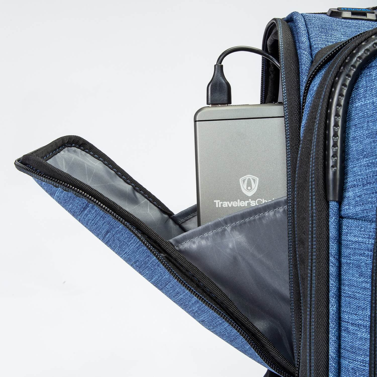 Image of a luggage that has a portable charger in the front pocket.